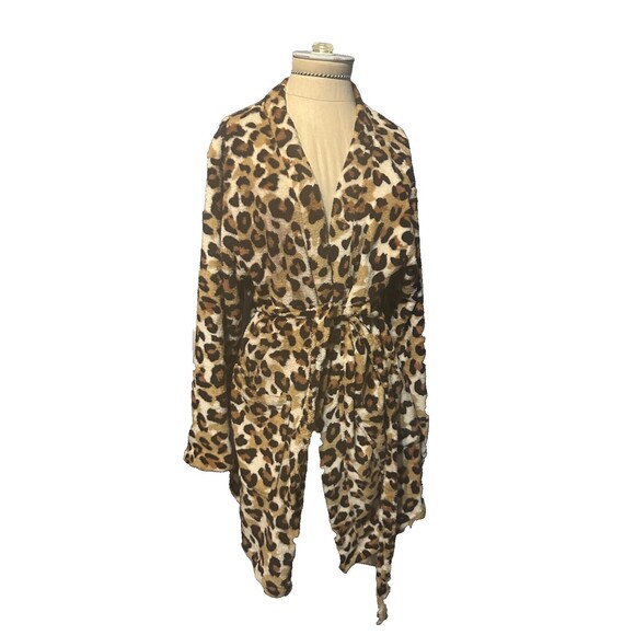 PJ Couture Cheetah Robe Womens Small Plush Knee Length Pockets Belted Soft - Picture 1 of 3
